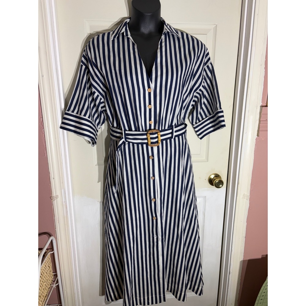 Zara Navy White Striped Linen Blend Midi Shirtdress with Belt Size L Work Career